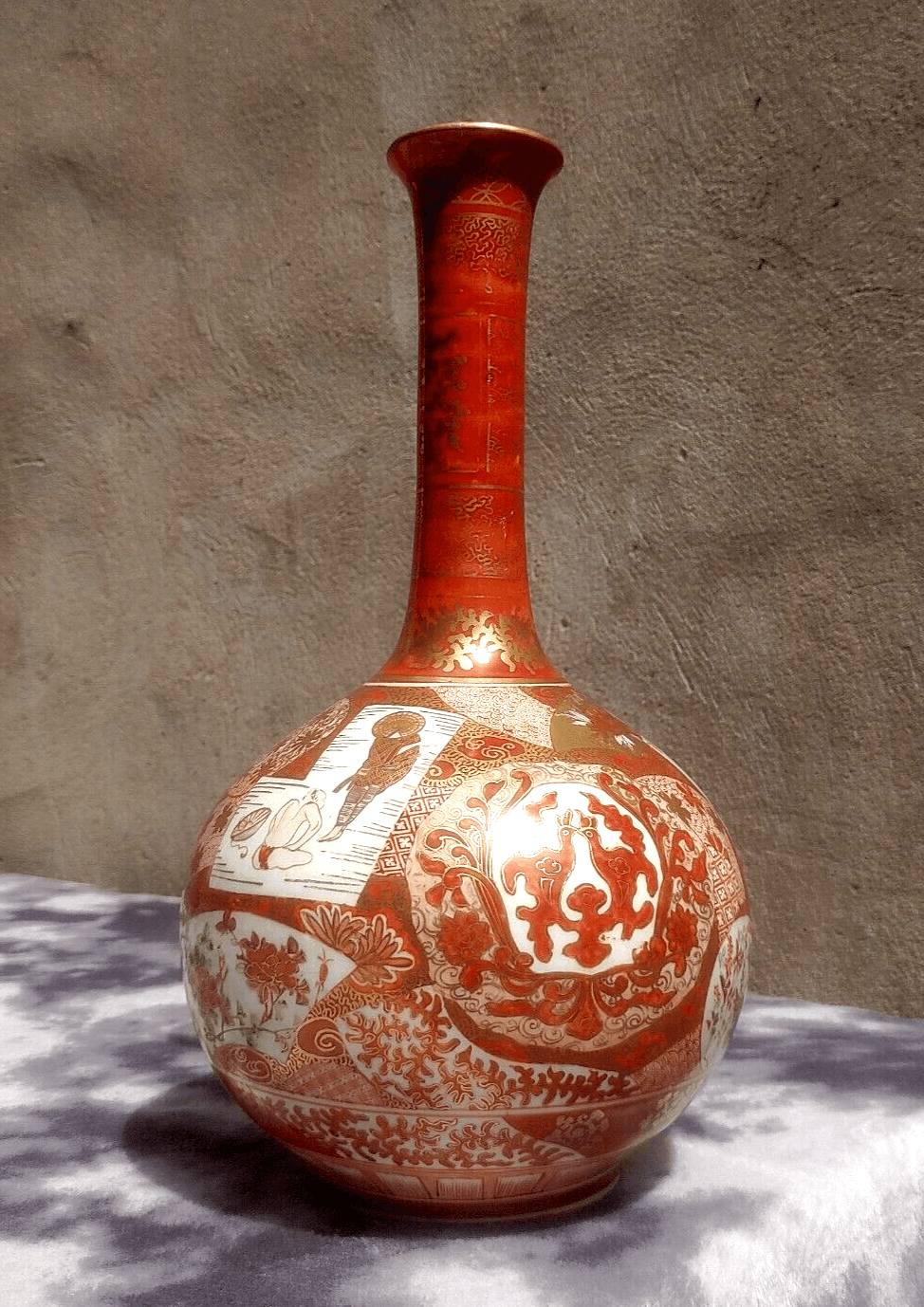 大号 19 世纪古董日本明治九谷瓷瓶花瓶 - 35 厘米