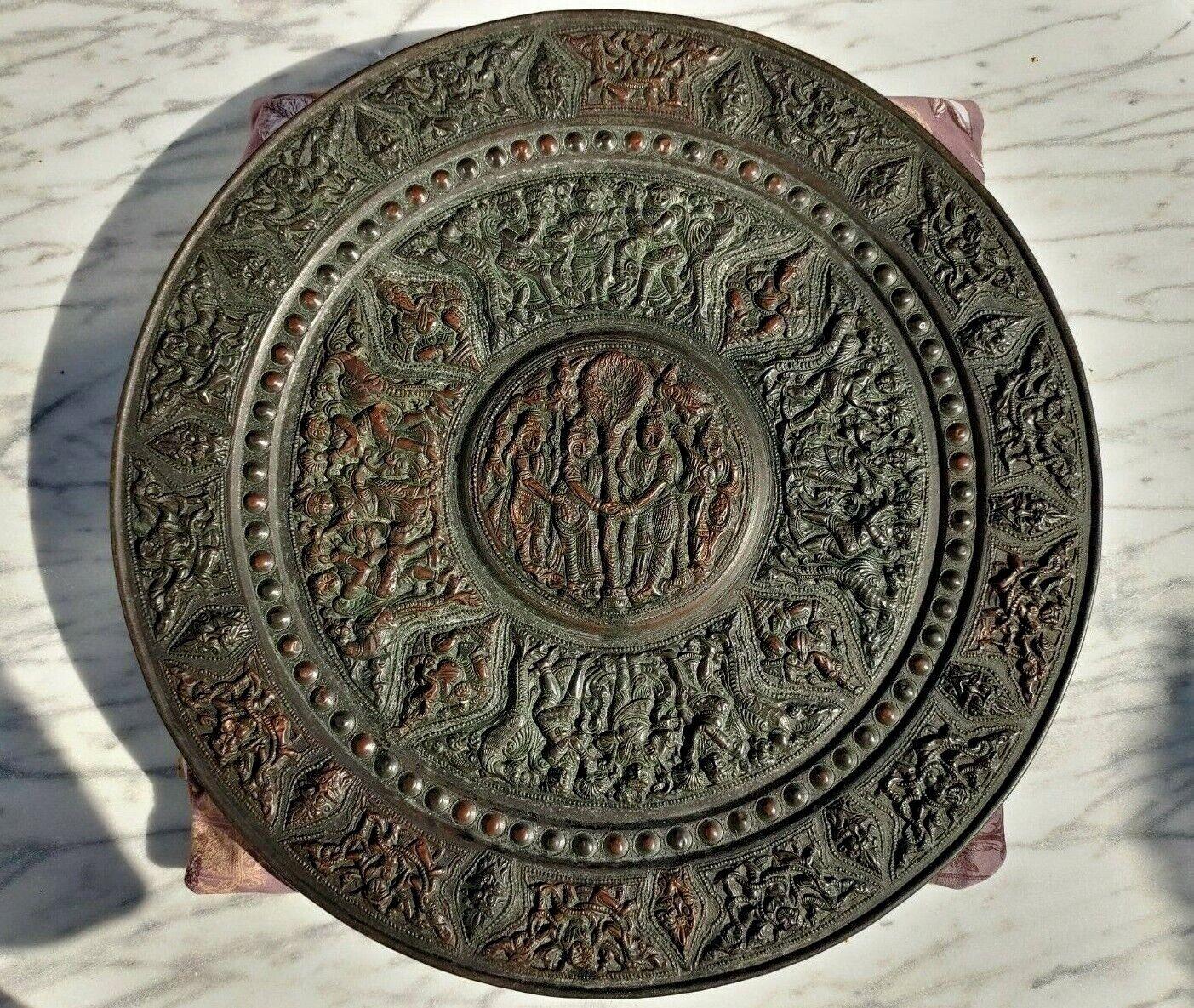 古董印度南亚青铜铜凸纹神壁匾充电器 18 英寸