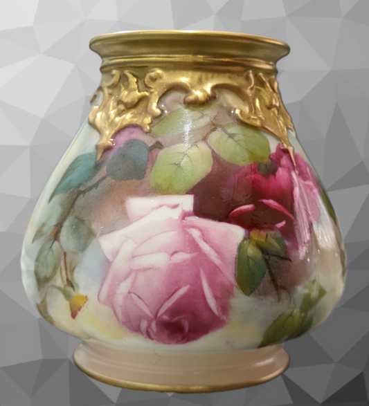 Antique Royal Worcester England Fine Hand Painted Floral Hadley Roses Gilt Vase