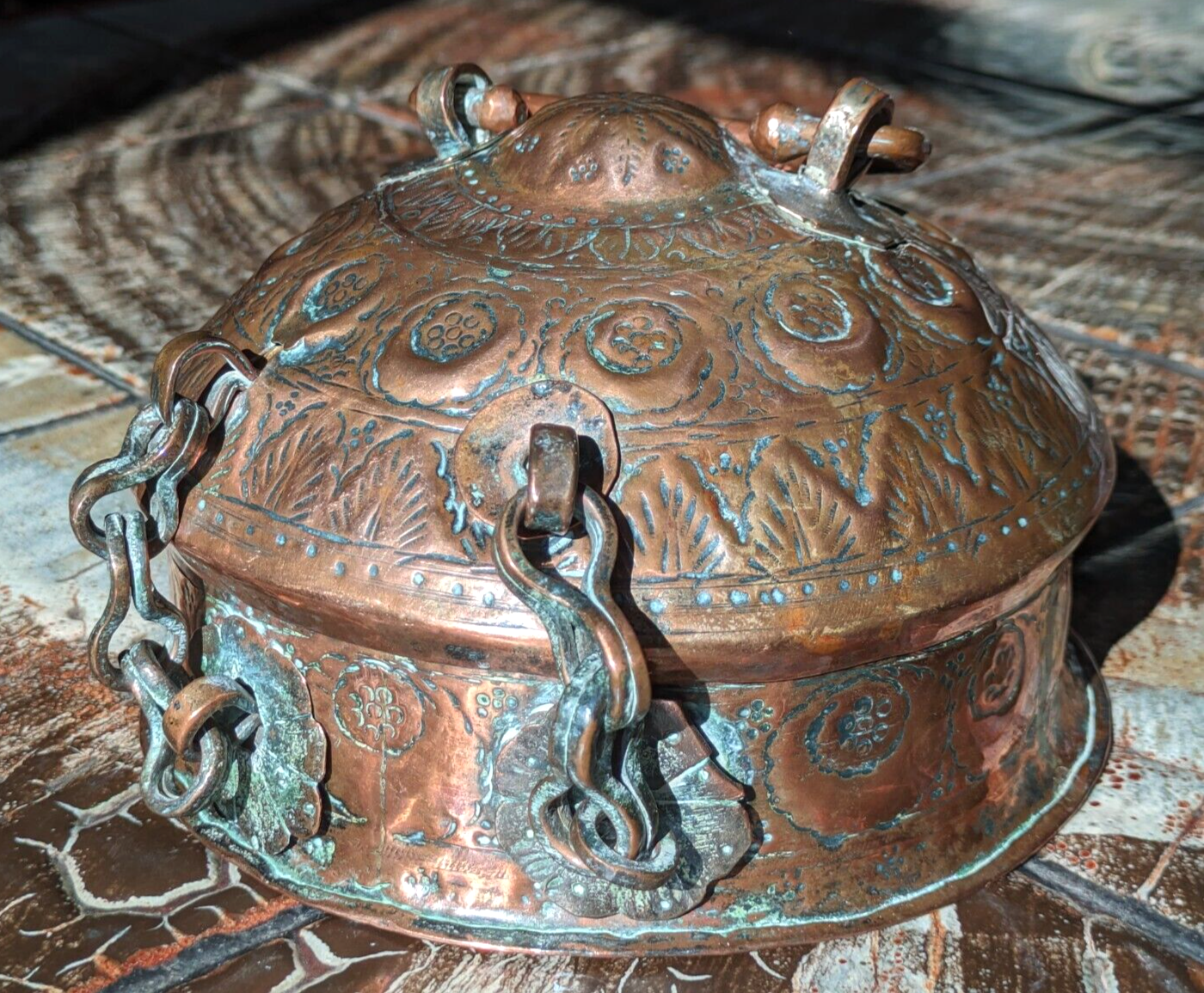 19th Century Indian Mughal Engraved Copper Betel Nut Spice Box Container Antique