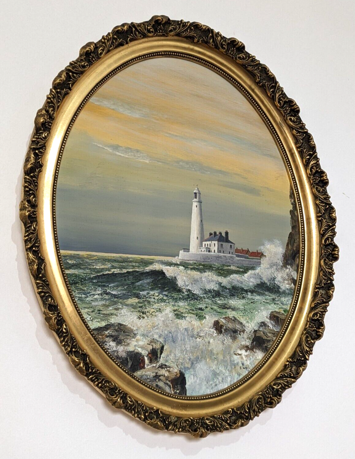 S White British 20th Century Oil Panel Art Painting St Mary's Island Lighthouse