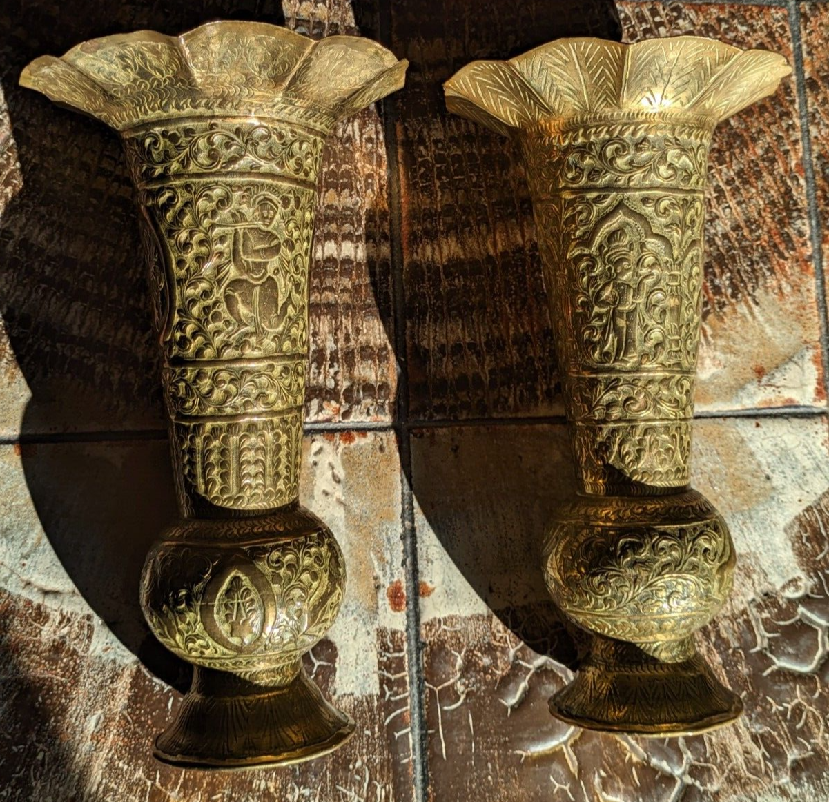 19th Century Pair of Indo Persian Engraved Brass Trumpet Vases Antique 26 cm