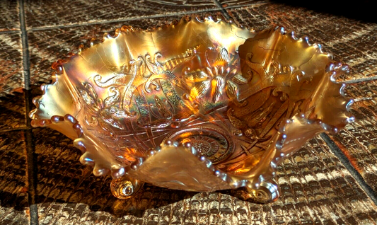 Rare Northwood USA Wishbone Orchid Ruffled Marigold Carnival Glass Bowl Antique