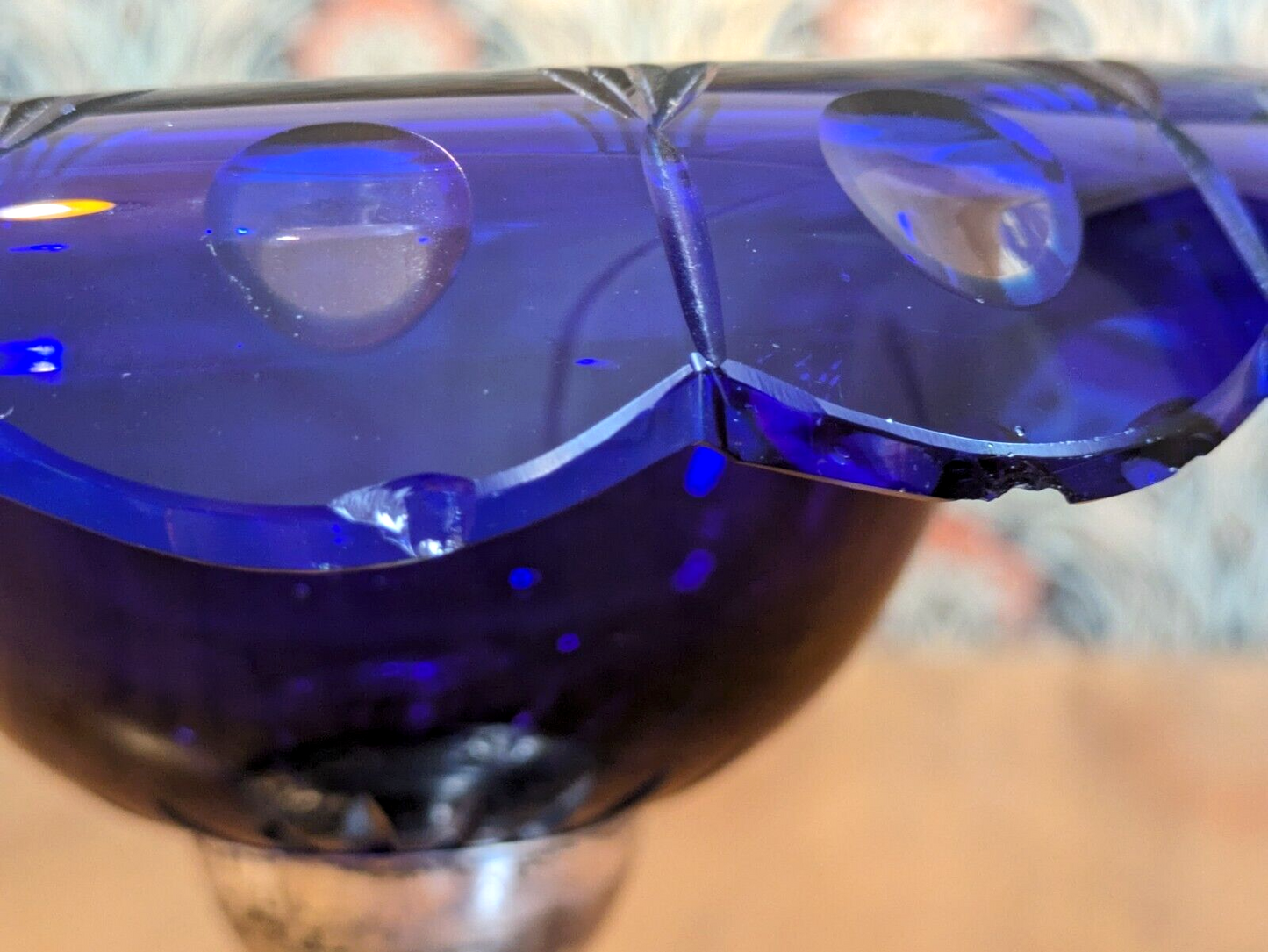 19th Century Bohemian Art Glass Cobalt Cut to Clear Tazza Pedestal Bowl Antique