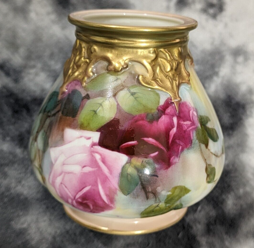 Antique Royal Worcester England Fine Hand Painted Floral Hadley Roses Gilt Vase