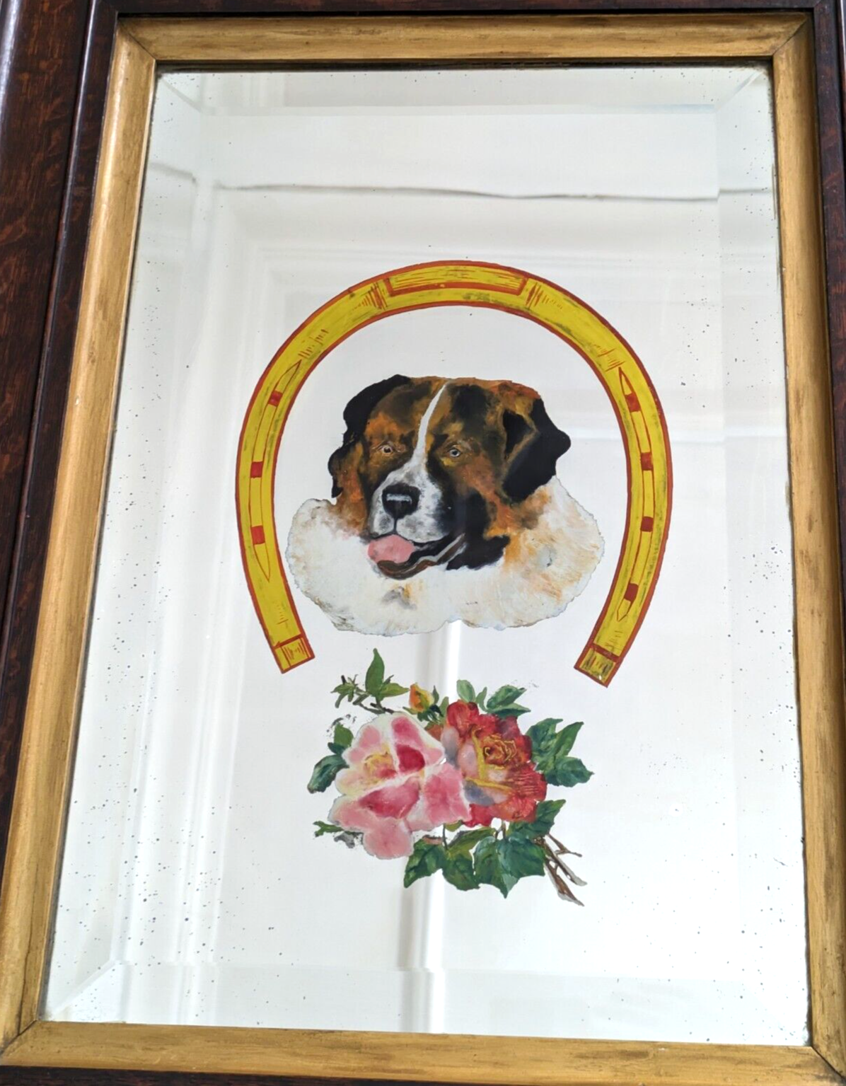 Victorian 19th Century St Bernard Dog Reverse Painted Bevel Edge Oak Wood Mirror