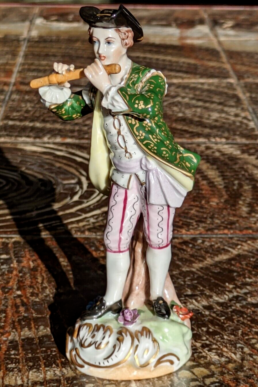 Antique German Porcelain Flute Player Antique Carl Thieme Dresden Meissen 6"