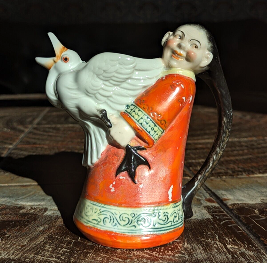 Antique 1900s Shafer Vater German Porcelain Asian Man Crane Novelty Creamer Jug