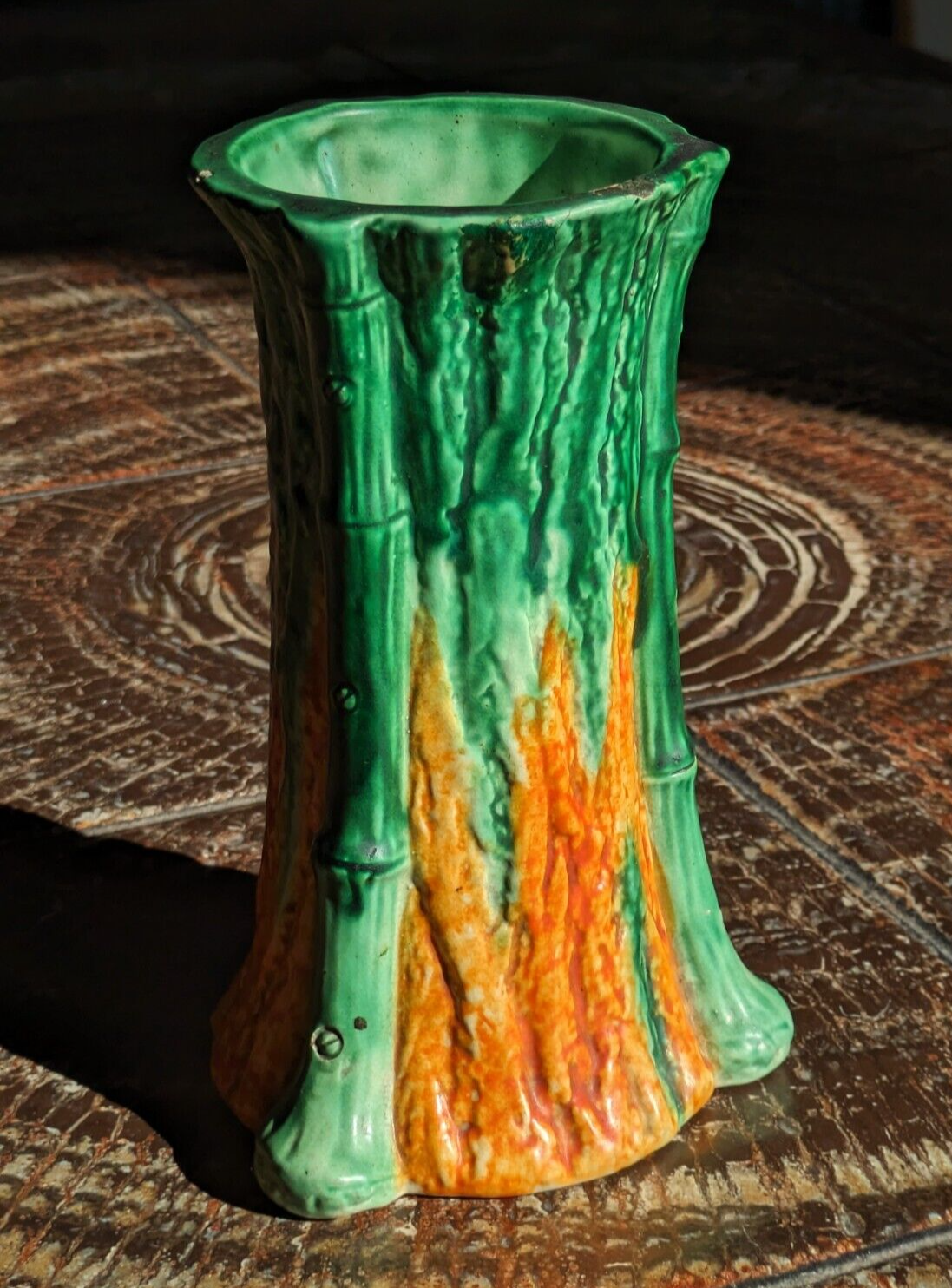 Rare Early 20th Century Antique Bretby Pottery Tree Trunk Vase Orange & Green