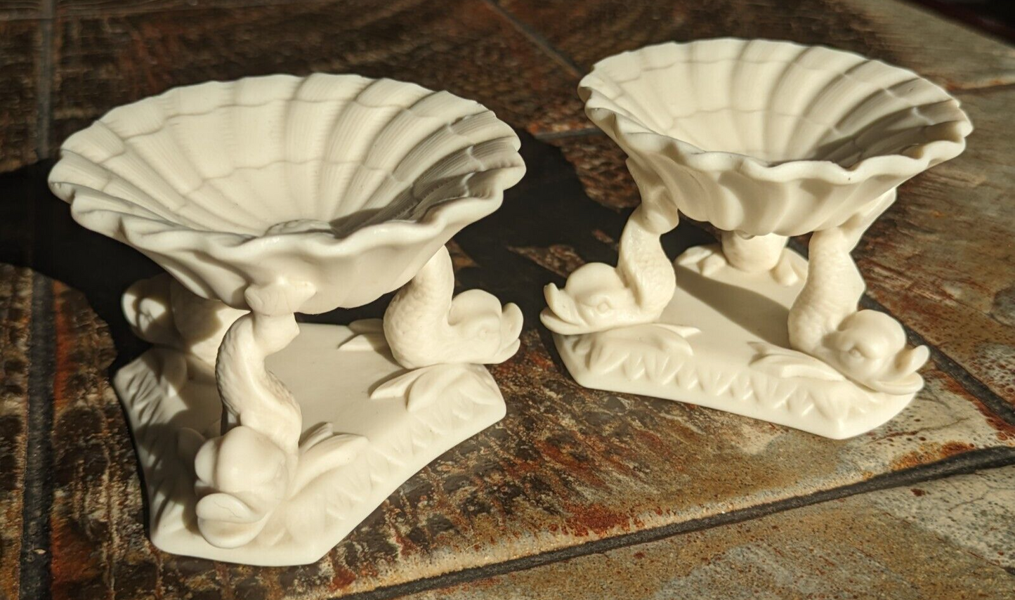 Rare Pair of Copeland 19th Century Parian Porcelain Dolphin Salt Cellars Antique