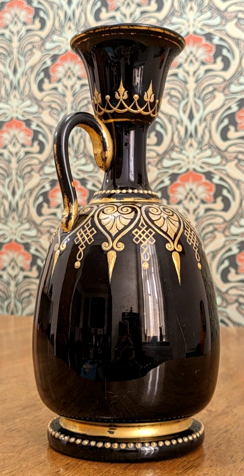 19th Century Black Bohemian Czech Art Glass Gold Gilt Enamel Jug Vase Antique