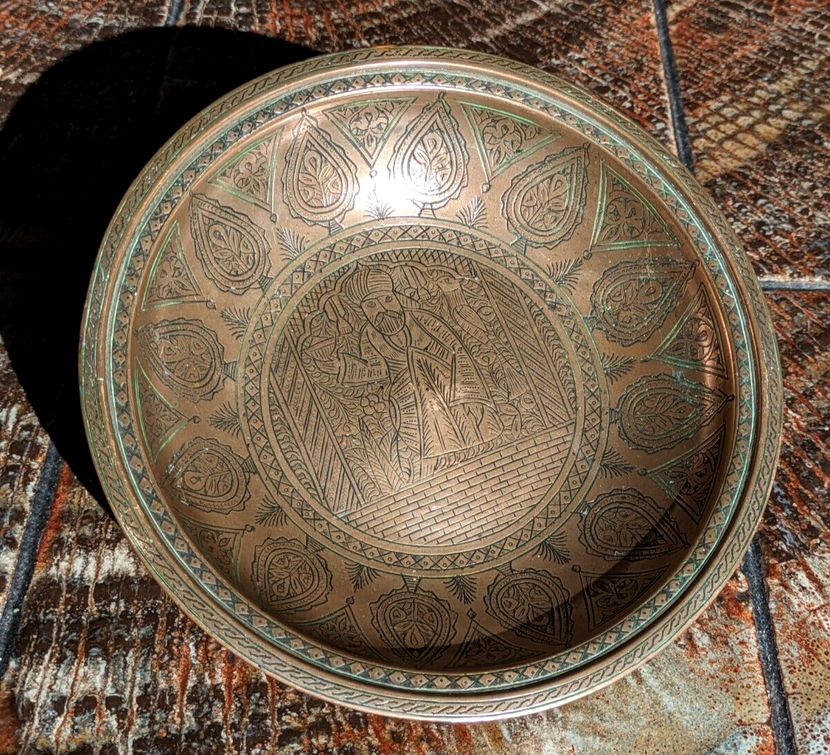 19th Century Persian Qajar Dynasty Engraved Bronze / Copper Bowl Dish Antique