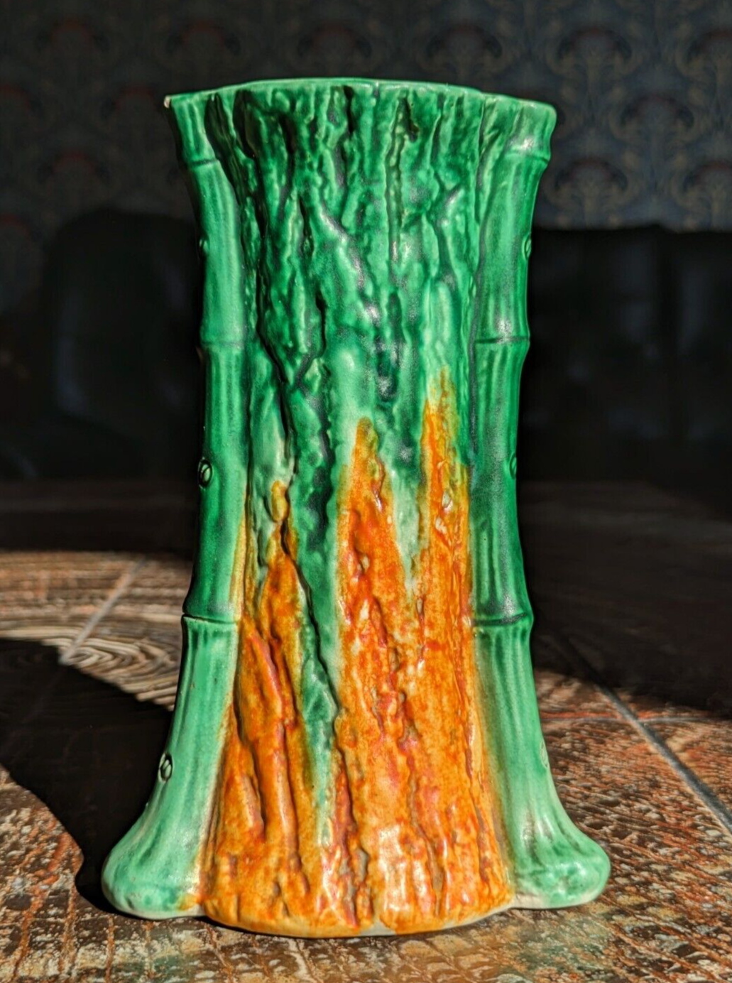 Rare Early 20th Century Antique Bretby Pottery Tree Trunk Vase Orange & Green