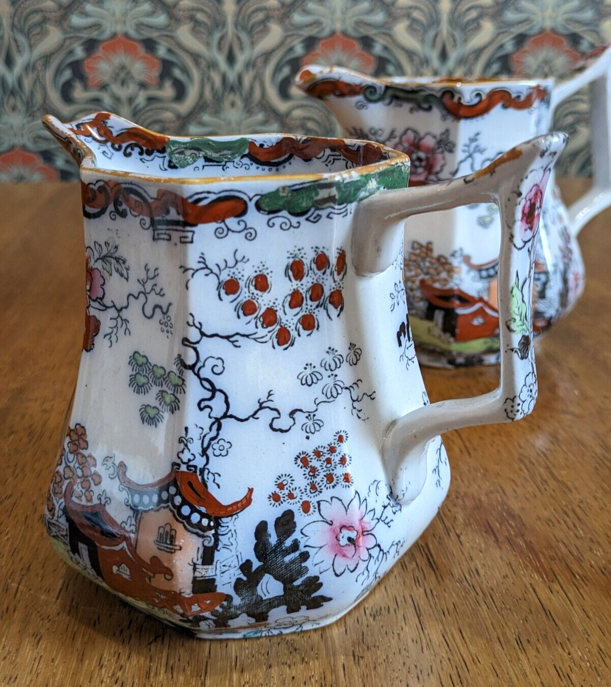 19th Century Chinoiserie Graduated Trio Masons Ironstone Pitcher Jugs Antique