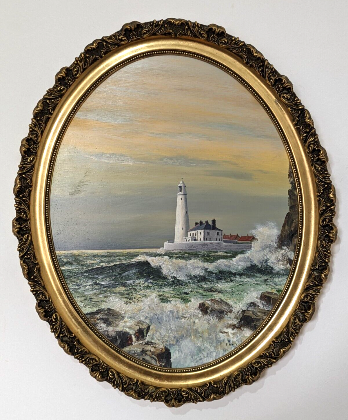 S White British 20th Century Oil Panel Art Painting St Mary's Island Lighthouse