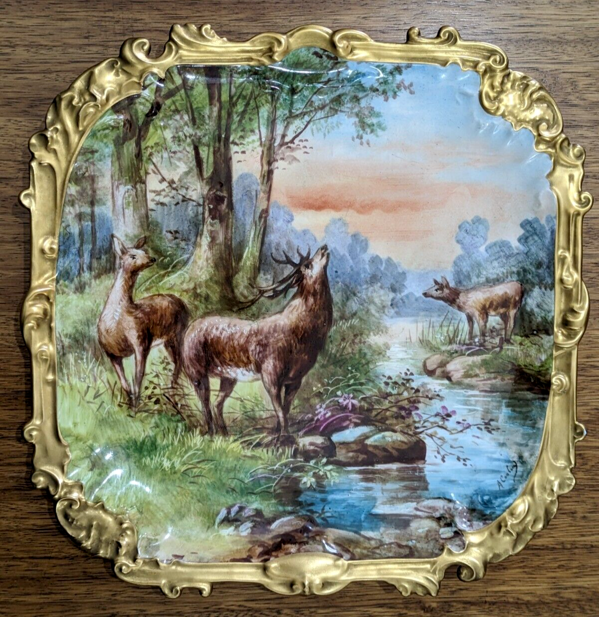 19th Century French Limoges Handpainted Stag Deer Porcelain Wall Plaque Charger