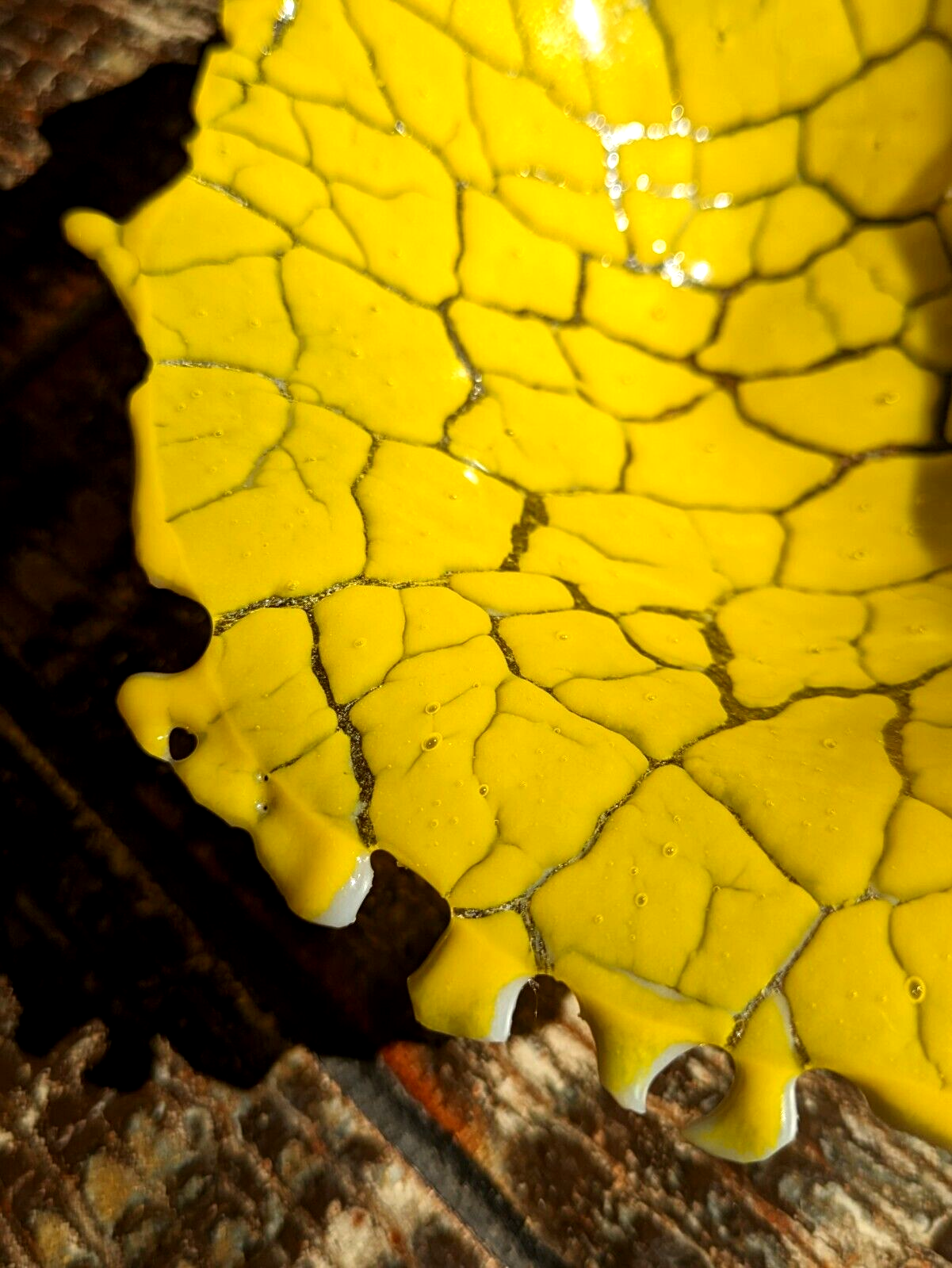 Vintage 20th Century Yellow Crackle Textured Fused Art Glass Bowl 18.5 cm