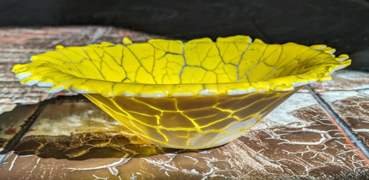 Vintage 20th Century Yellow Crackle Textured Fused Art Glass Bowl 18.5 cm