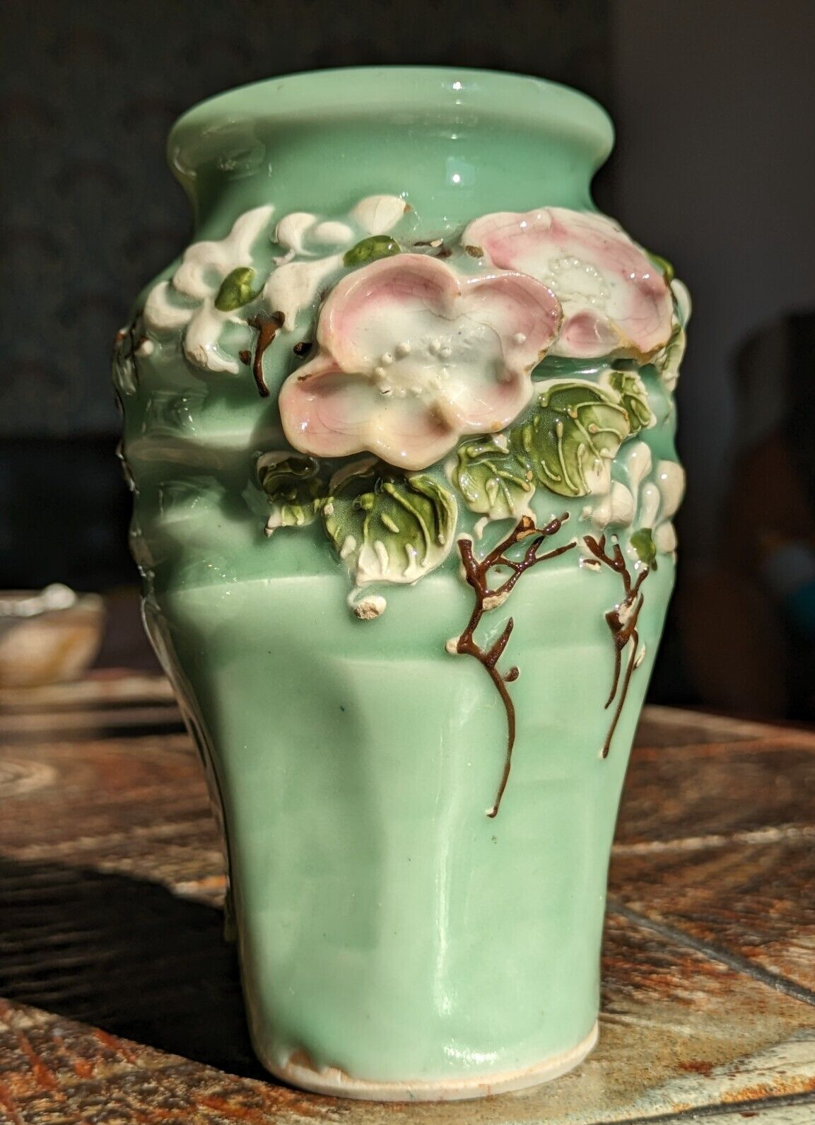 Japanese Seto Celadon Relief Flowers Ceramic Porcelain Vases Pair Antique Meiji