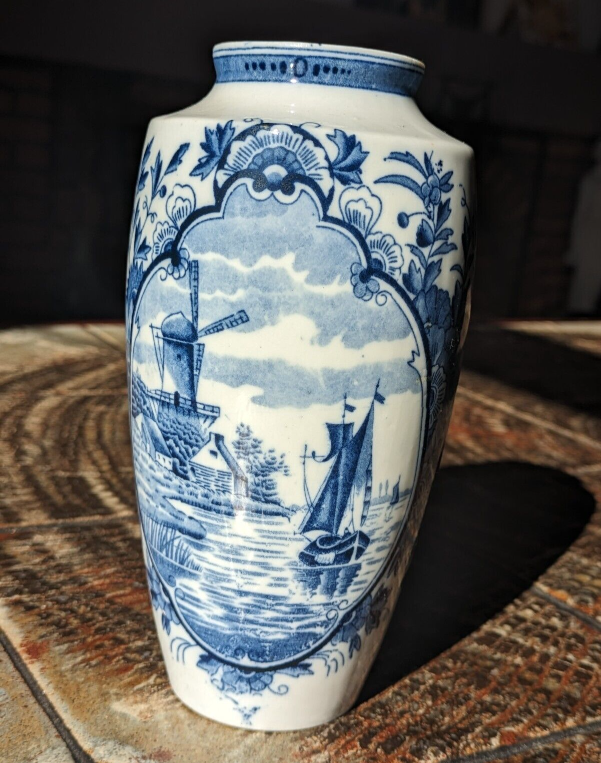 Antique Dutch Delft Ceramic Pottery Blue & White Windmill Ship Vase 18.25 cm