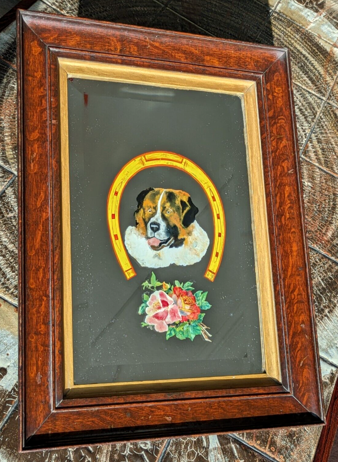 Victorian 19th Century St Bernard Dog Reverse Painted Bevel Edge Oak Wood Mirror