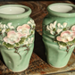 Japanese Seto Celadon Relief Flowers Ceramic Porcelain Vases Pair Antique Meiji