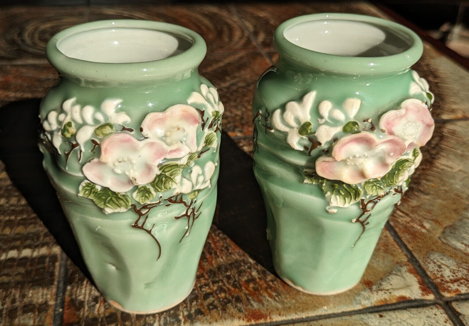 Japanese Seto Celadon Relief Flowers Ceramic Porcelain Vases Pair Antique Meiji