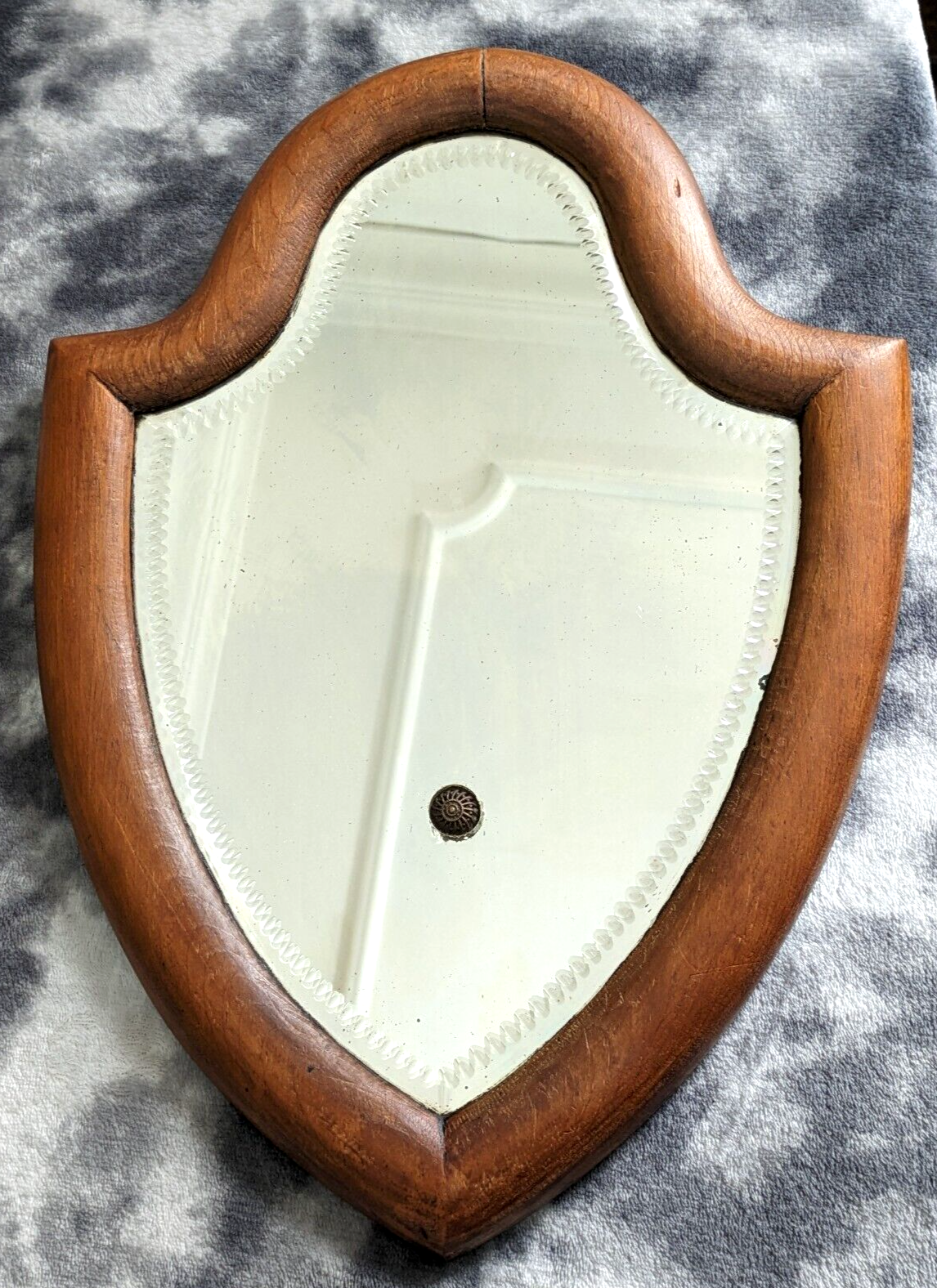 Victorian 19th Century Bevel Edged Faceted Yew Wood Shield Mirror London England