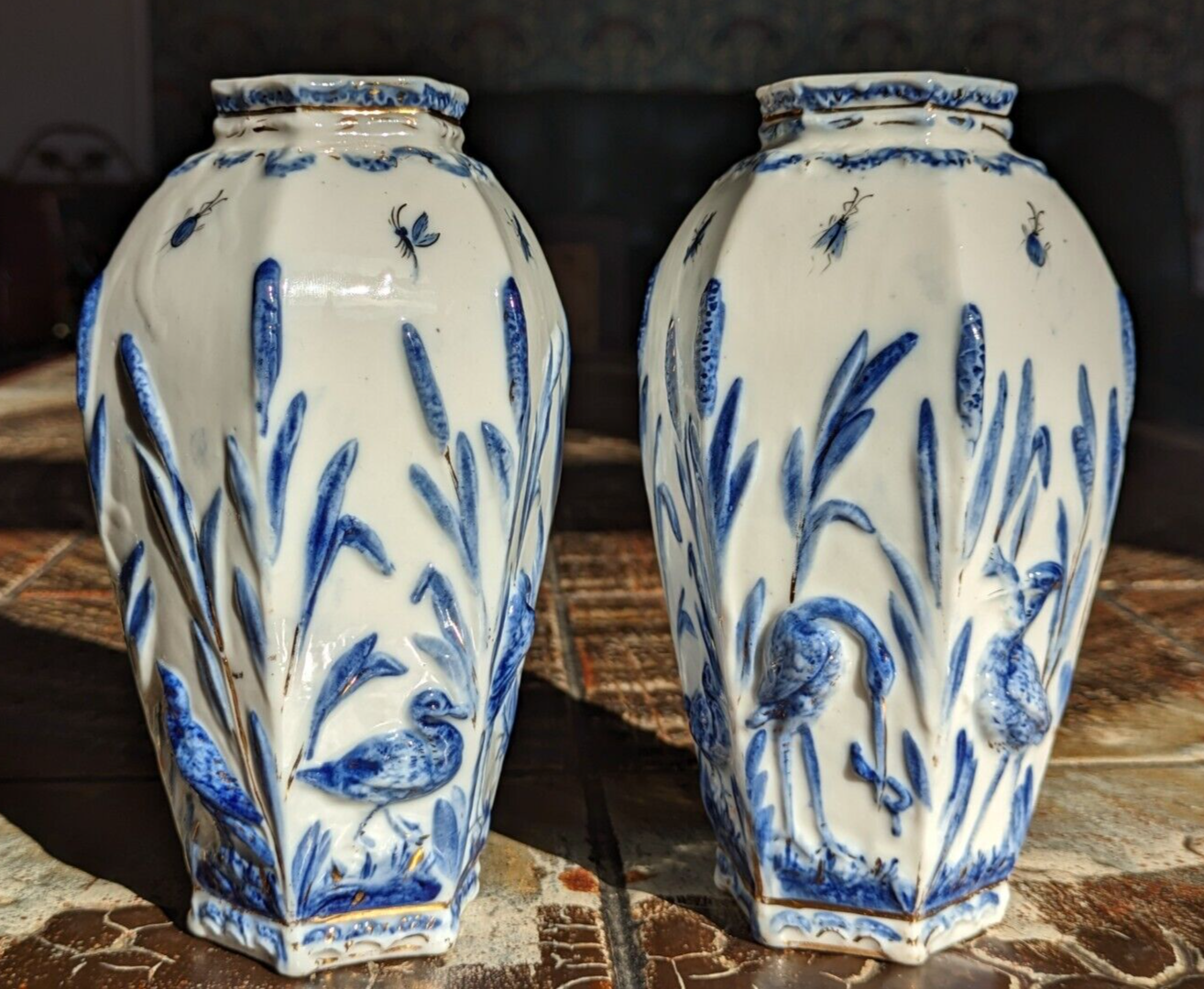 Rare Pair of German Sitzendorf Blue & White Porcelain Ceramic Insects Bird Vases