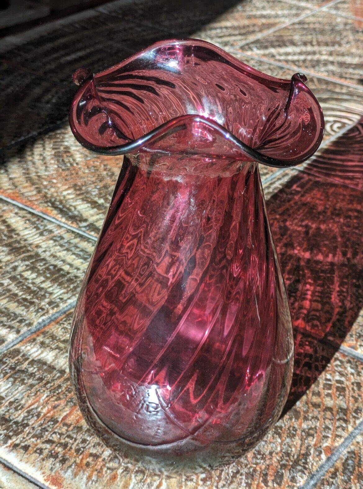 Vintage Dartington Crystal Cranberry Ruby Red Fluted Ruffled Glass Vase 20.5 cm