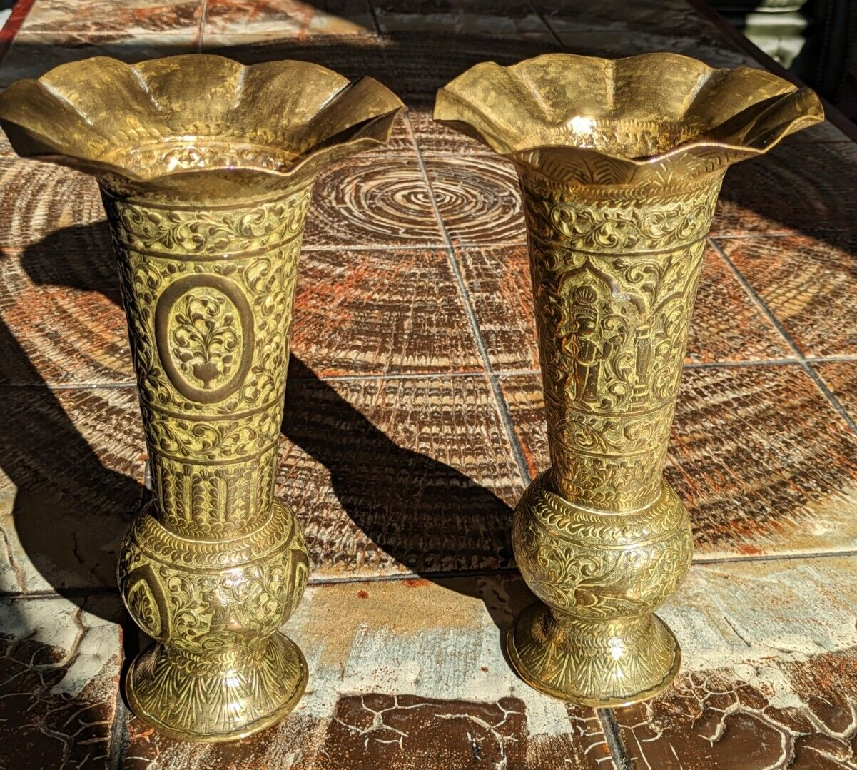 19th Century Pair of Indo Persian Engraved Brass Trumpet Vases Antique 26 cm