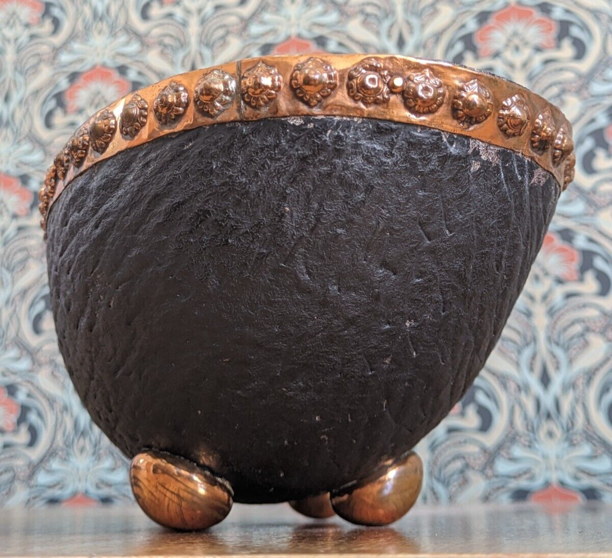 19th Century Half Coco De Mer Seychelles Nut Seed Shell Copper Bowl Dish Antique