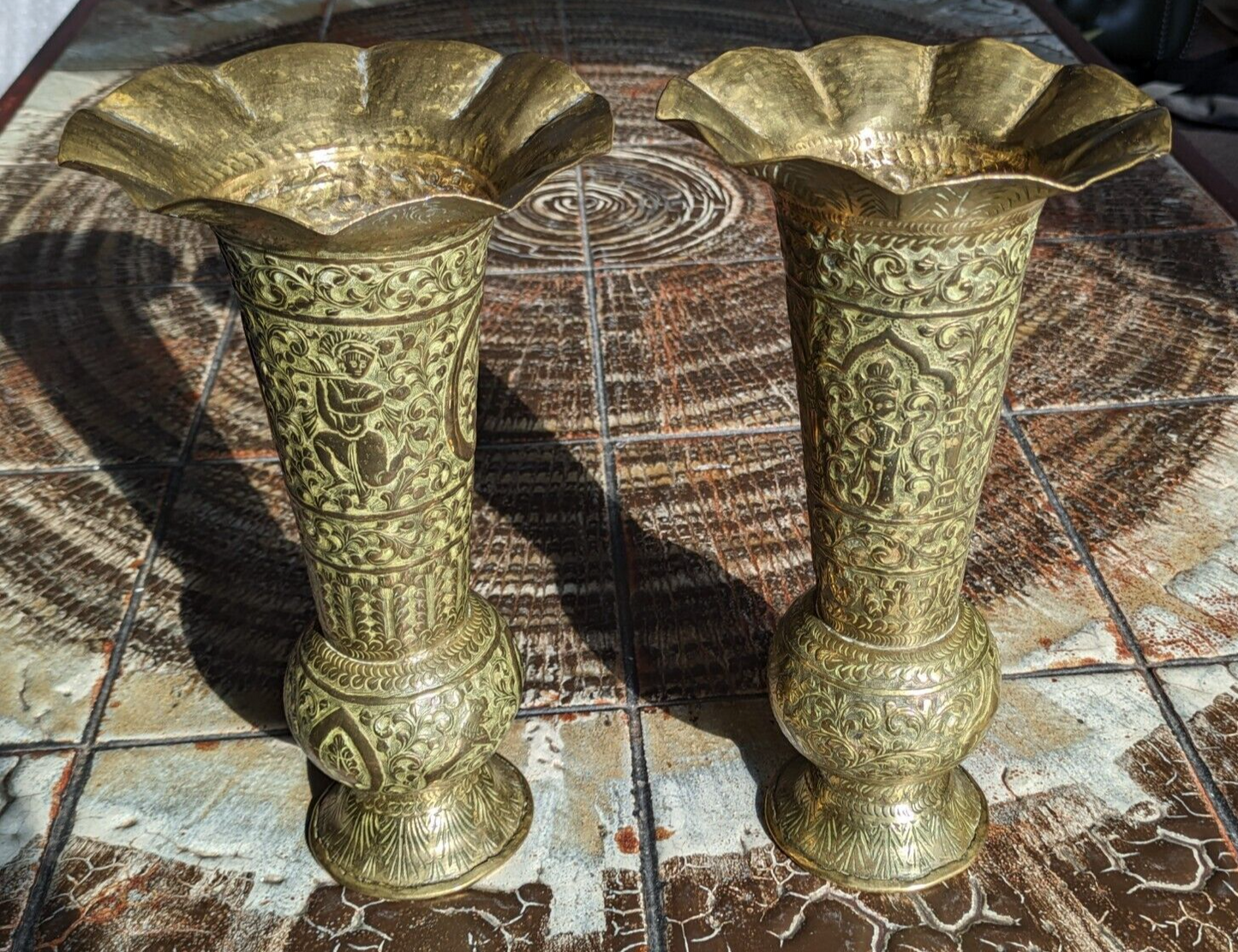 19th Century Pair of Indo Persian Engraved Brass Trumpet Vases Antique 26 cm