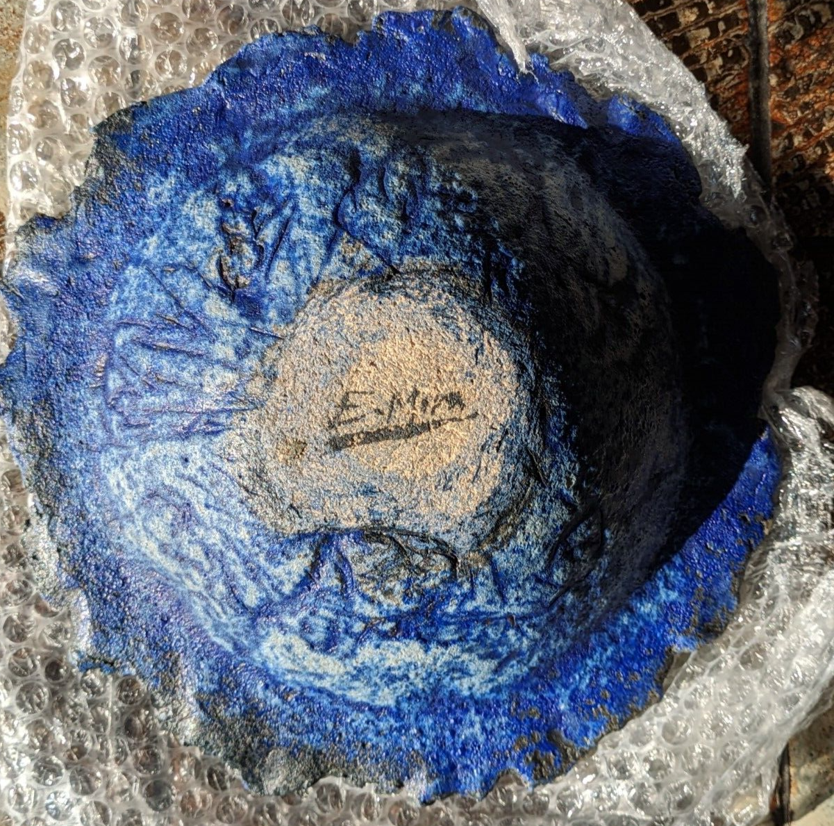 Superb Volcanic Textured Studio Art Pottery Signed Blue Bowl Vintage Lava Glaze