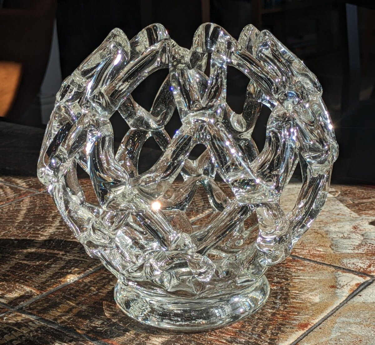 Vintage Lattice Clear Handblown Art Glass Centrepiece Bowl Sculpture Murano ?