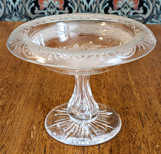Victorian 19th Century Cut & Etched Glass Comport Tazza Pedestal Bowl Antique