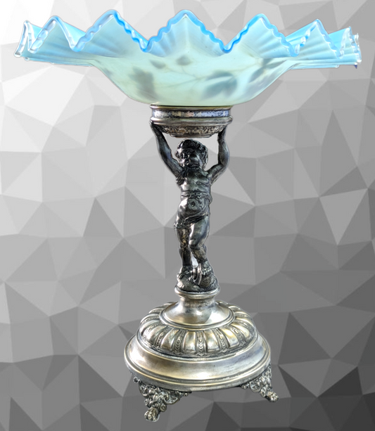 Antique WMF Art Nouveau Figural Silver Plate Cherub Bowl Enamelled Blue Glass