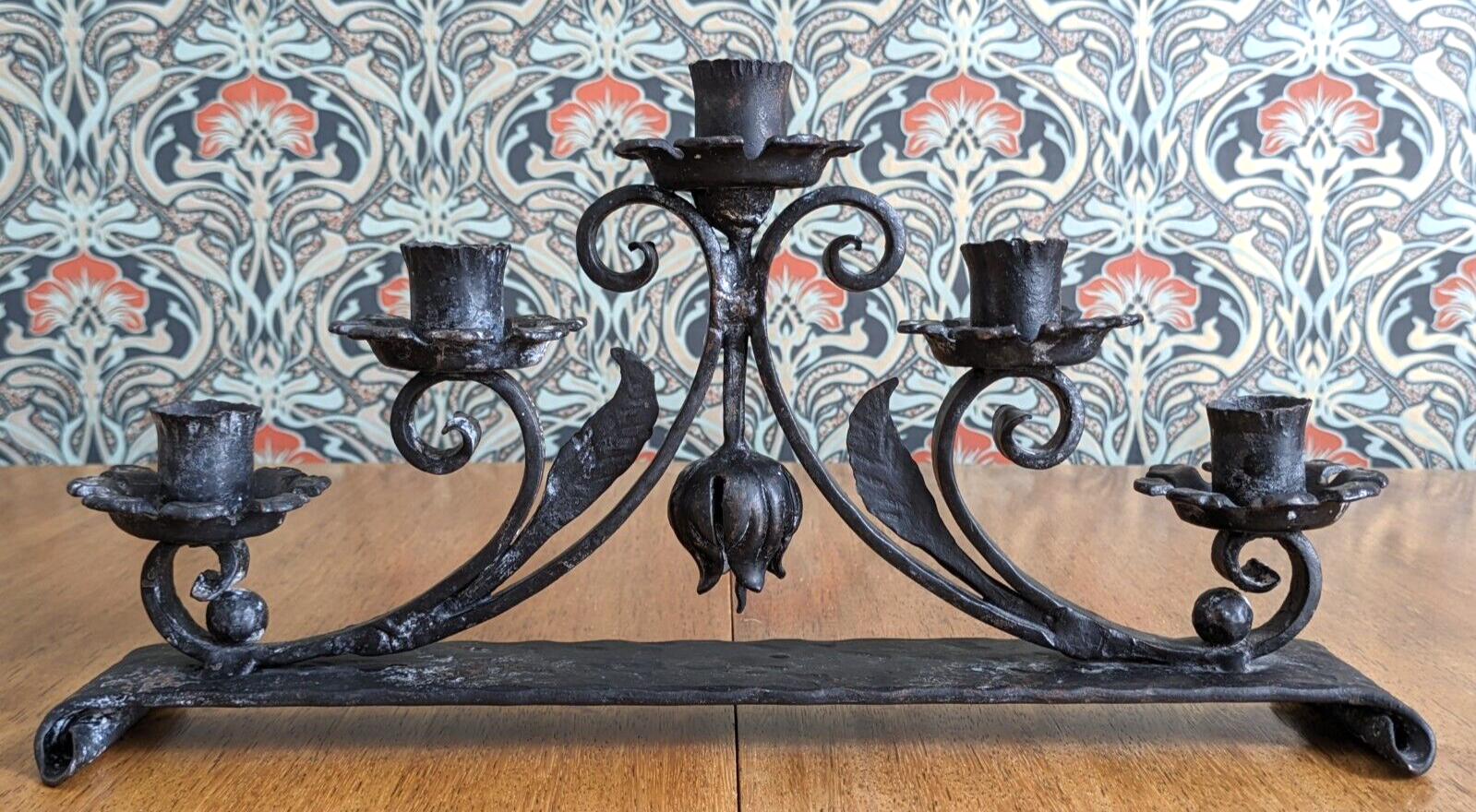 Antique Arts Crafts Art Nouveau Wrought Iron 5 arm Candelabra Candlestick Holder