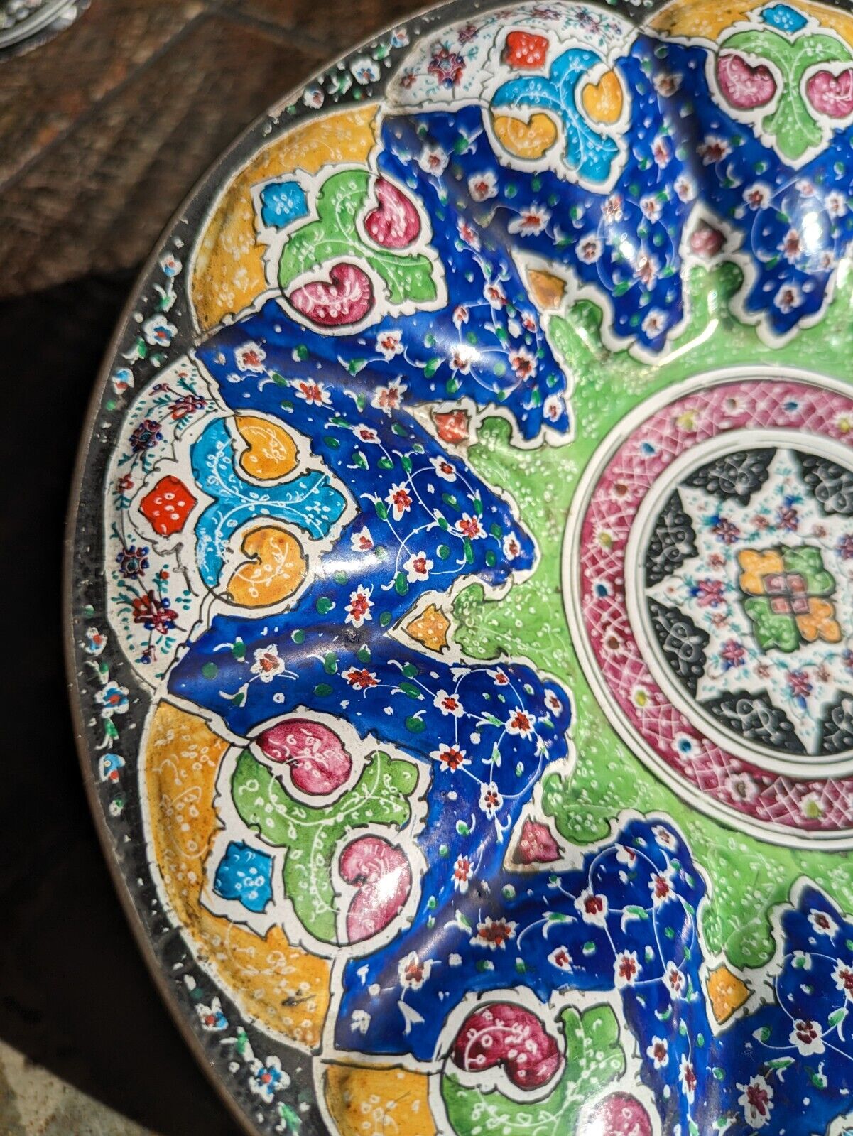 Persian 1900s Minakari Enamel on Copper Qajar Dynasty Antique Plate Dish