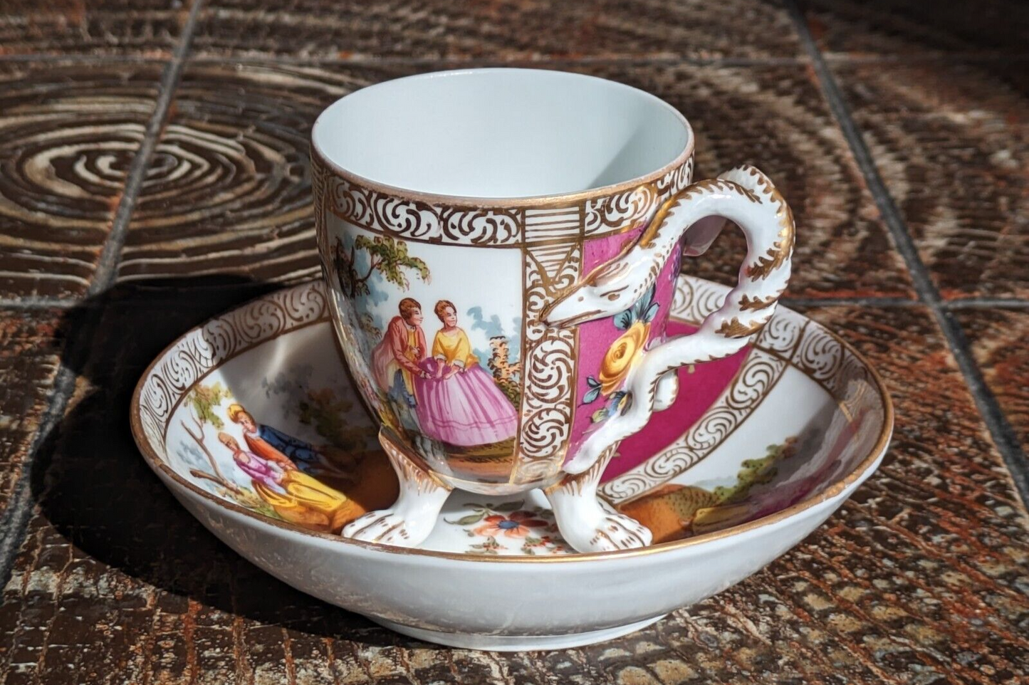 19th Century German Dresden Porcelain Paw Feet Serpent Handle Tea Cup & Saucer