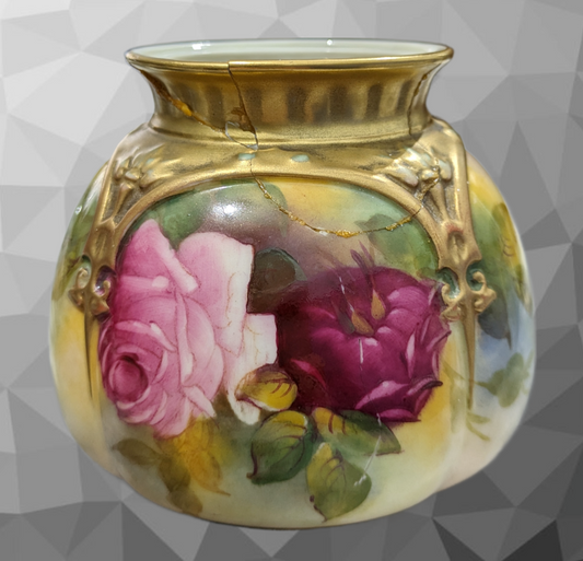 Antique Royal Worcester Hand Painted Floral Hadley Roses M. Hunt Gilt Vase A/F