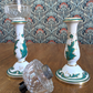 Mid 19th Century Victorian Green White Ceramic Candlestick Holders / Oil Lamps