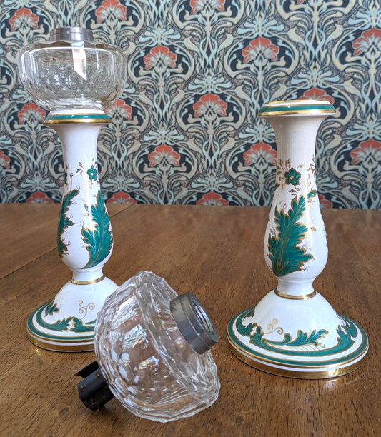 Mid 19th Century Victorian Green White Ceramic Candlestick Holders / Oil Lamps