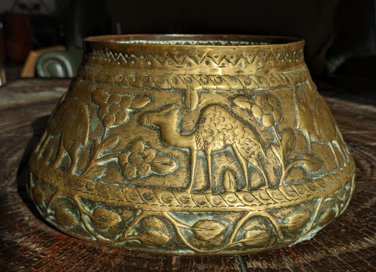 19th Century Persian Brass Qajar Engraved Animal Jardiniere Planter Vase Antique