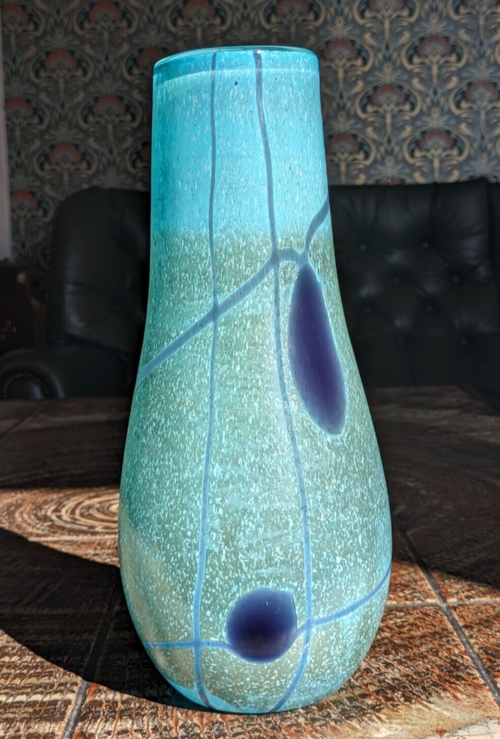 Large 20th Century Vintage Thick Art Glass Vase Speckled Blue 31 cm