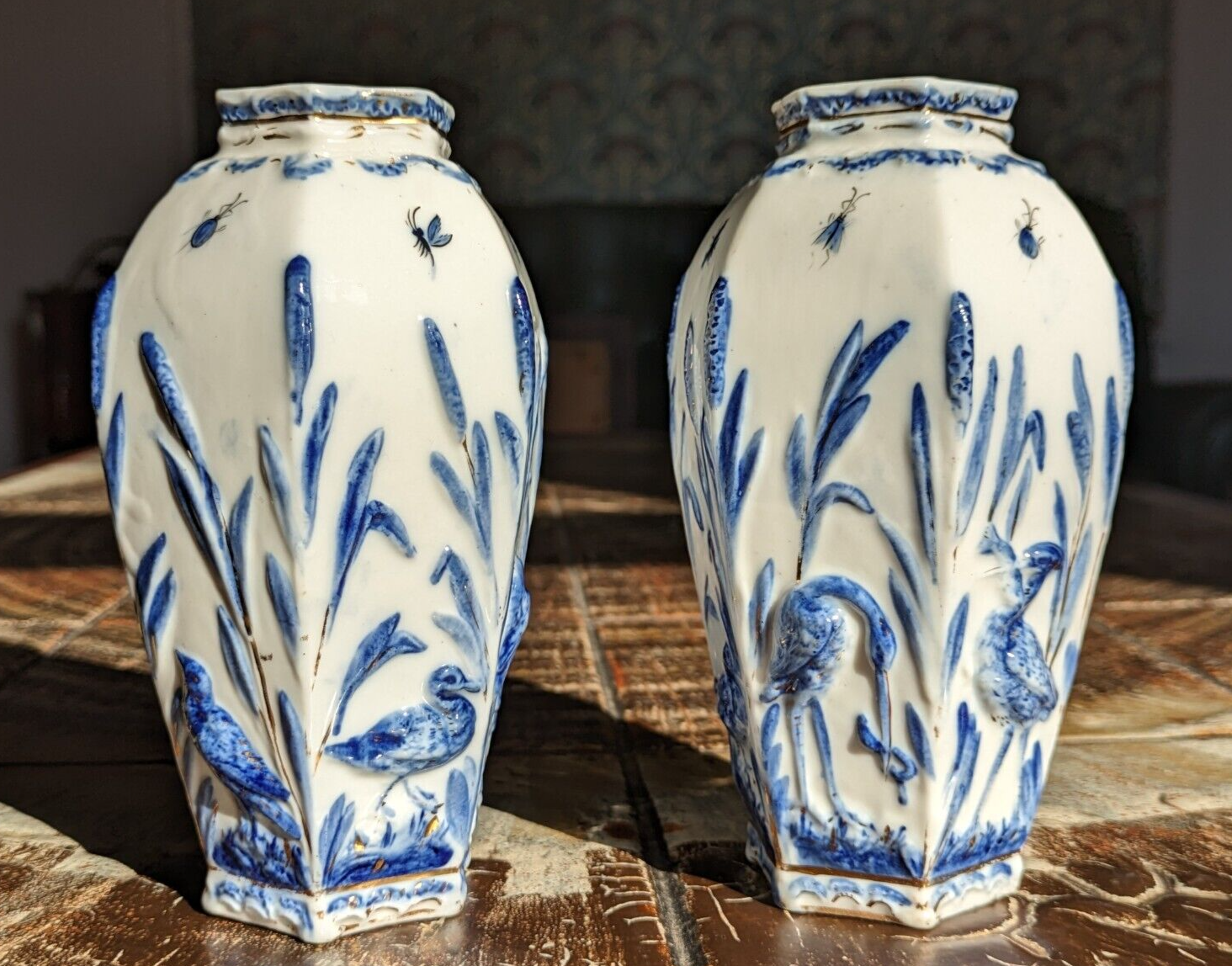 Rare Pair of German Sitzendorf Blue & White Porcelain Ceramic Insects Bird Vases