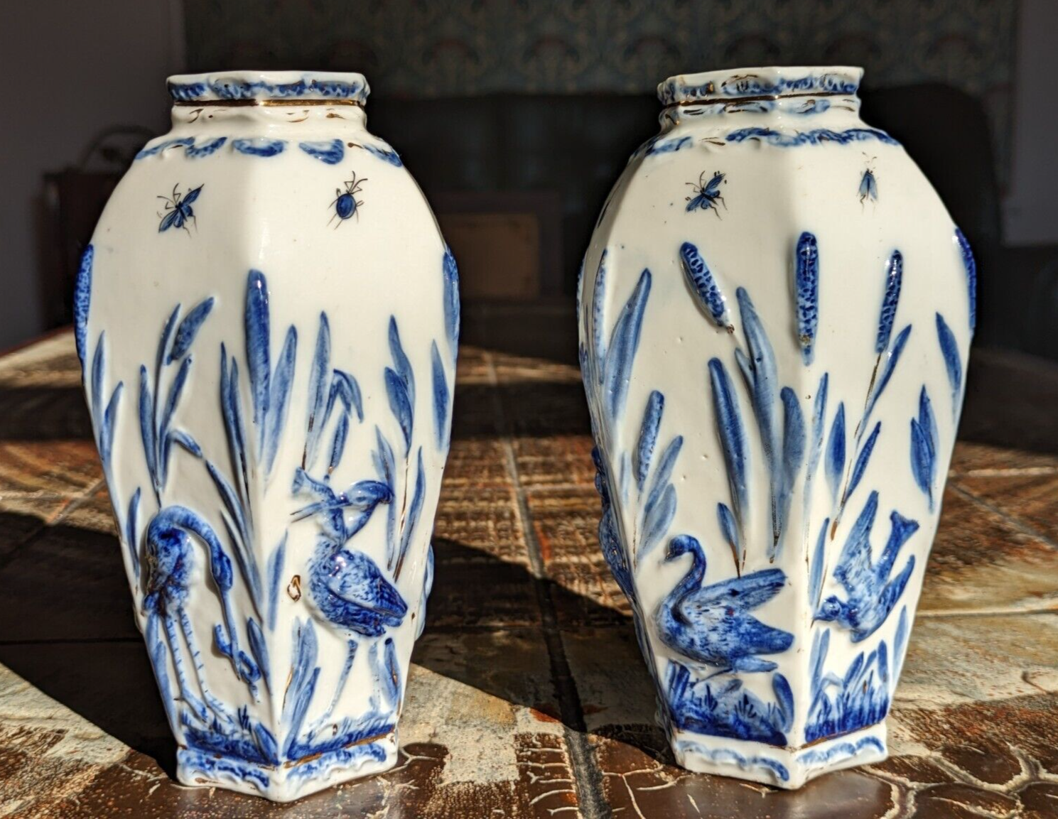 Rare Pair of German Sitzendorf Blue & White Porcelain Ceramic Insects Bird Vases