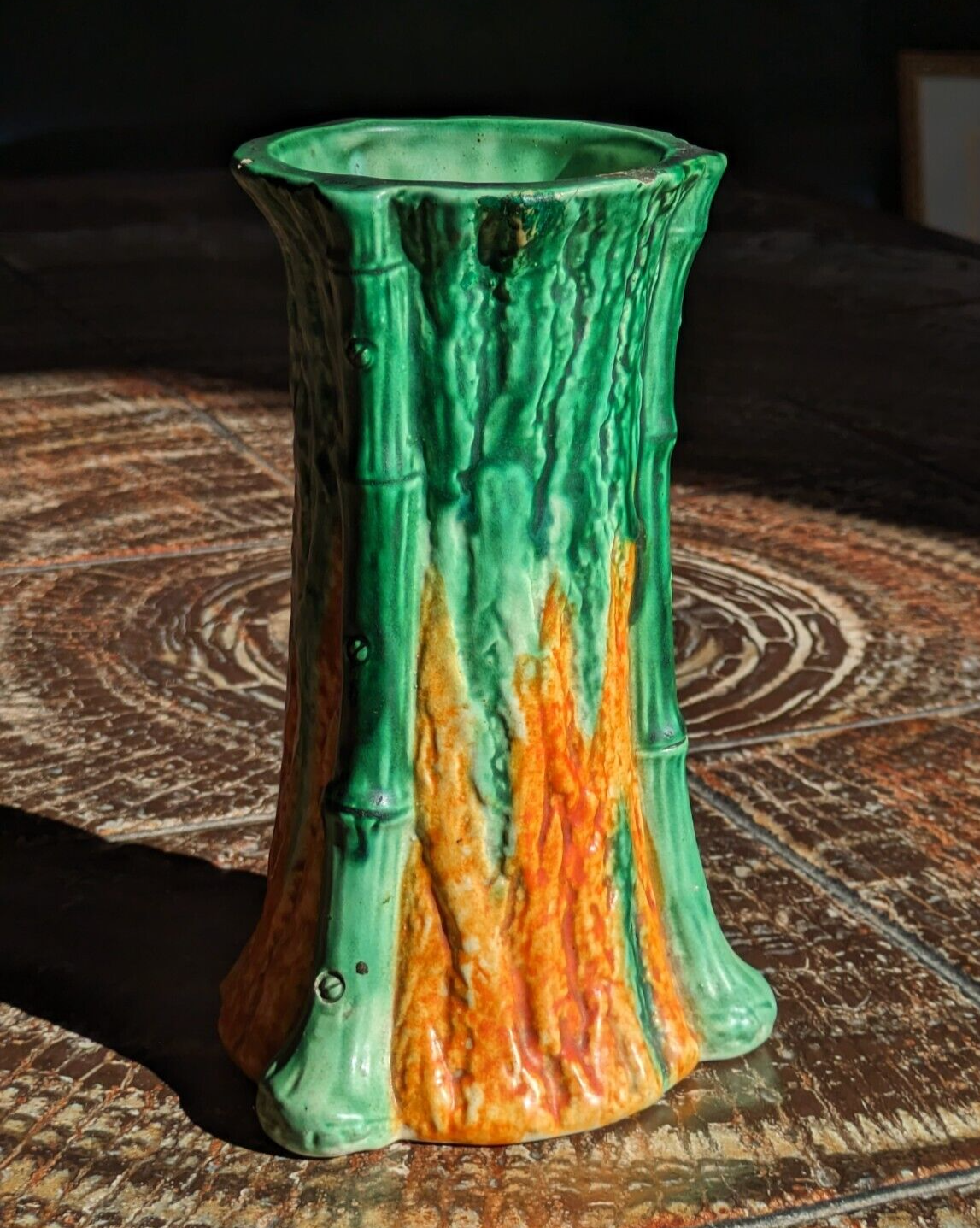 Rare Early 20th Century Antique Bretby Pottery Tree Trunk Vase Orange & Green