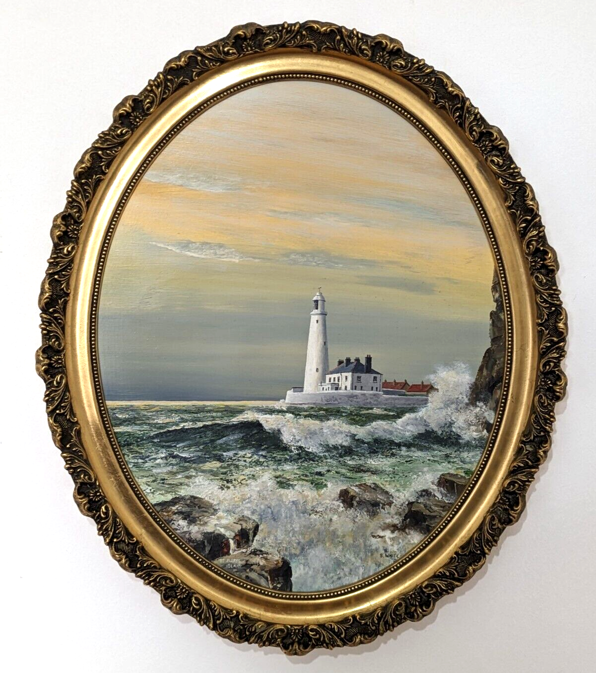 S White British 20th Century Oil Panel Art Painting St Mary's Island Lighthouse