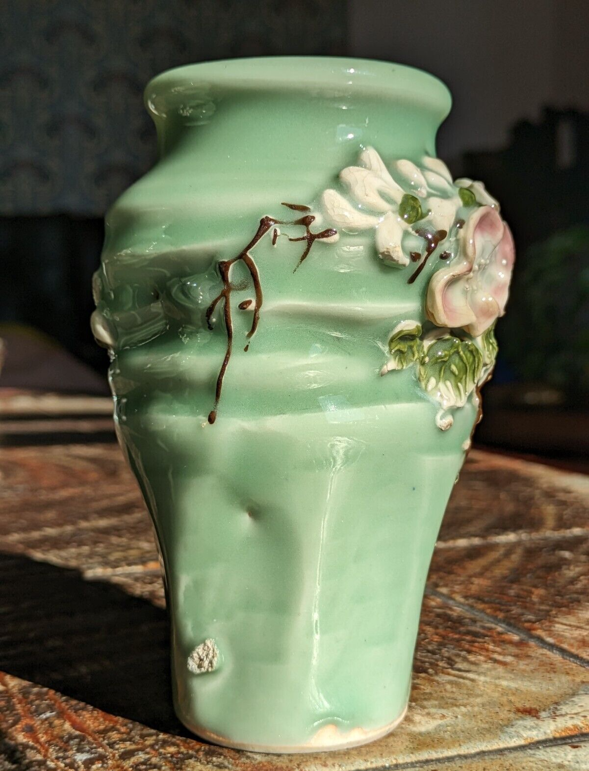 Japanese Seto Celadon Relief Flowers Ceramic Porcelain Vases Pair Antique Meiji